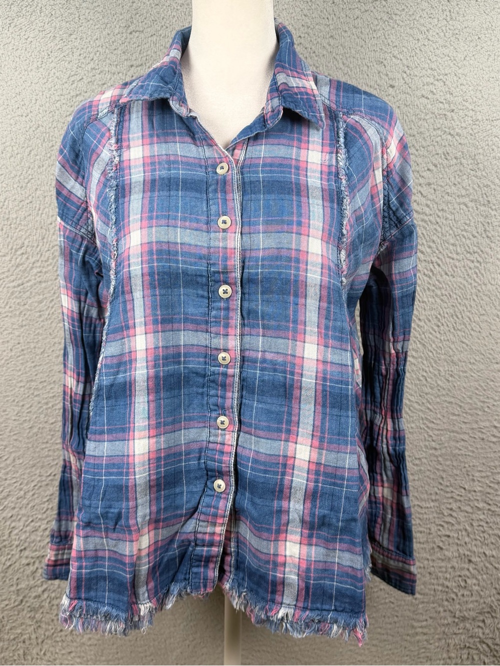We The Free Shirt Womens XS Blue Seeking Starlight Plaid Button Relaxed Preppy